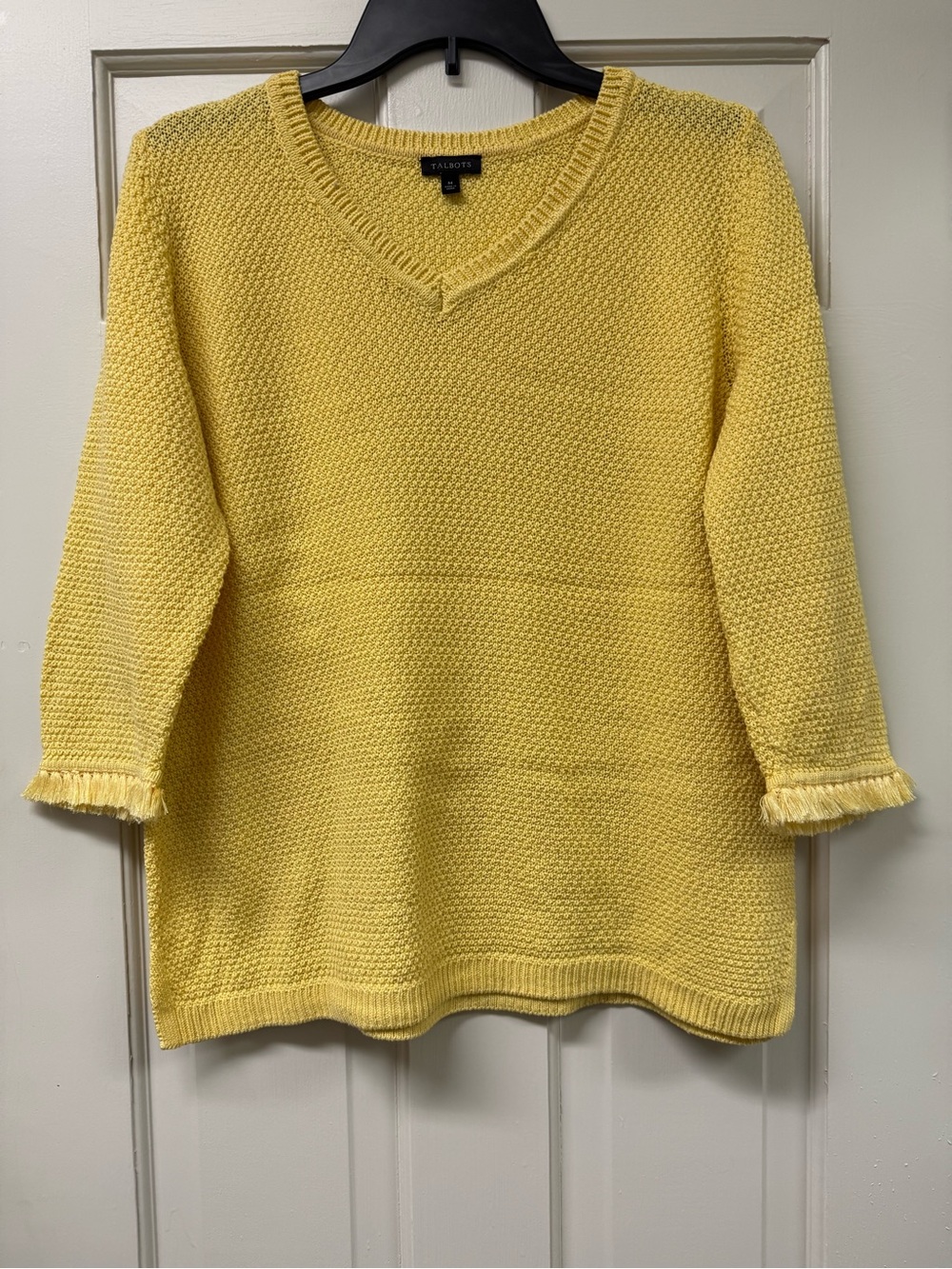 Talbots Yellow V-Neck Textured Knit Sweater with Fringe Cuffs